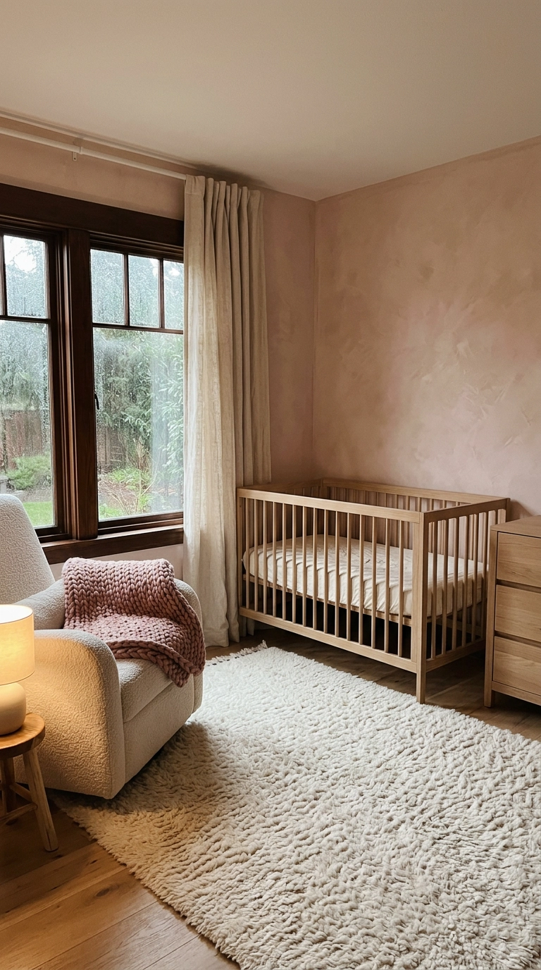 Pink and cream nursery layered in boucle, chunky knit, and linen textures
