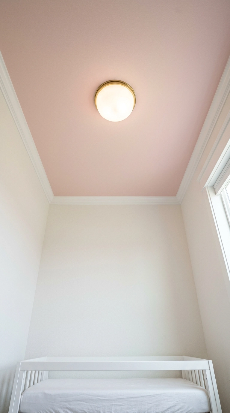 Blush pink painted nursery ceiling with a simple opal glass dome light