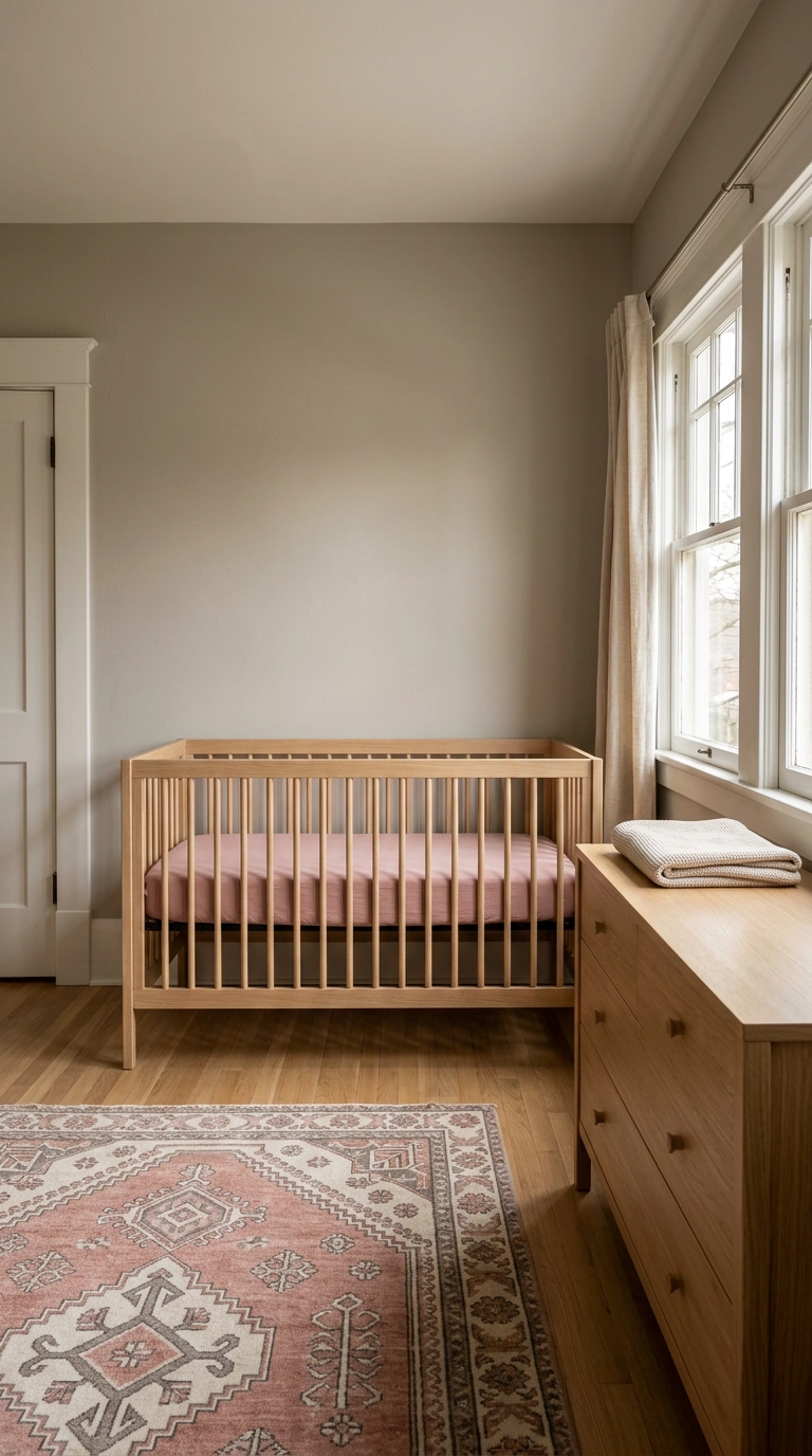 Bare white oak convertible crib with a dusty rose fitted sheet in a neutral pink nursery