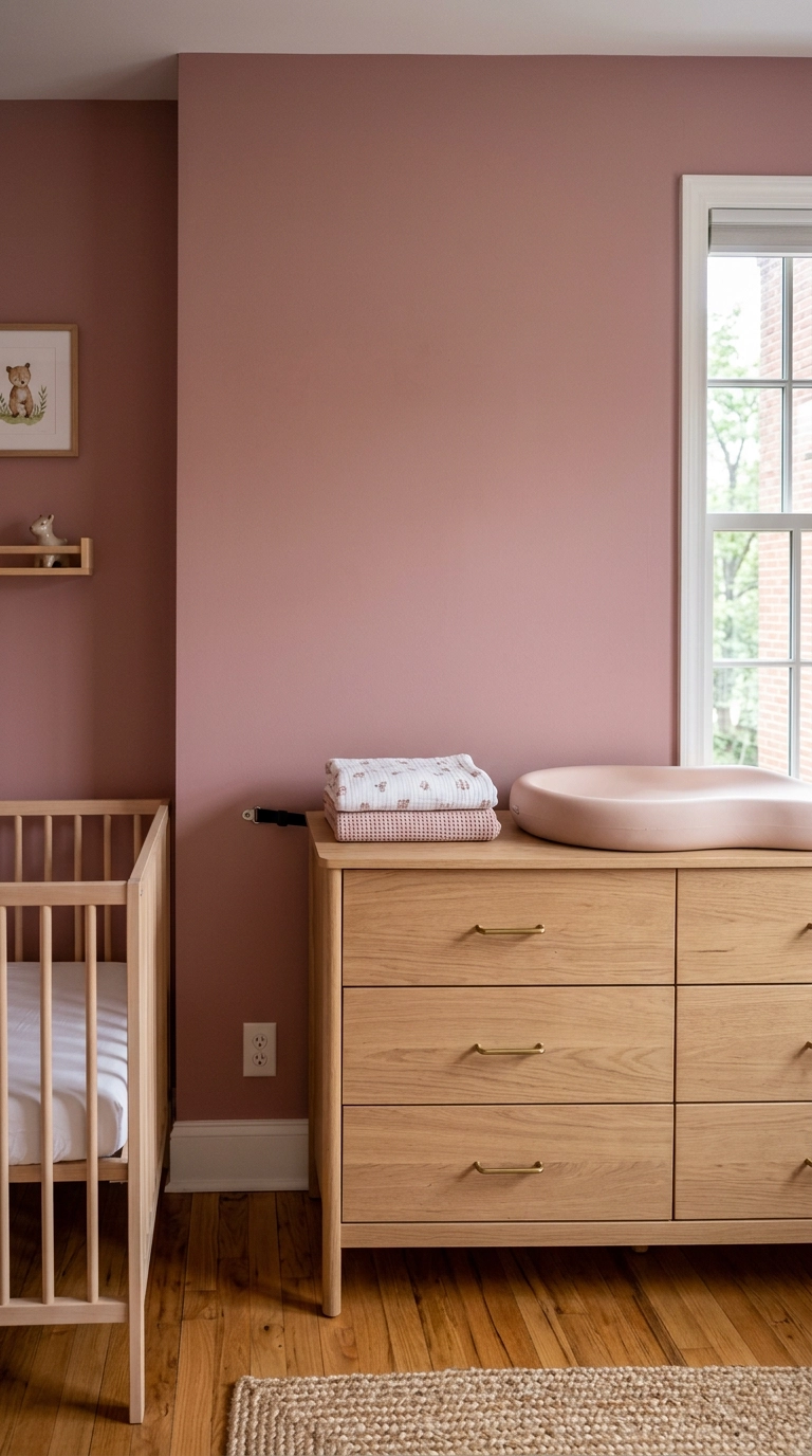 Low white oak dresser used as a changing table with an anti-tip strap in a pink nursery