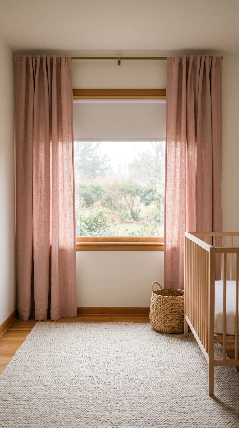Rosewater pink linen curtains hung high over a cordless blackout shade in a nursery
