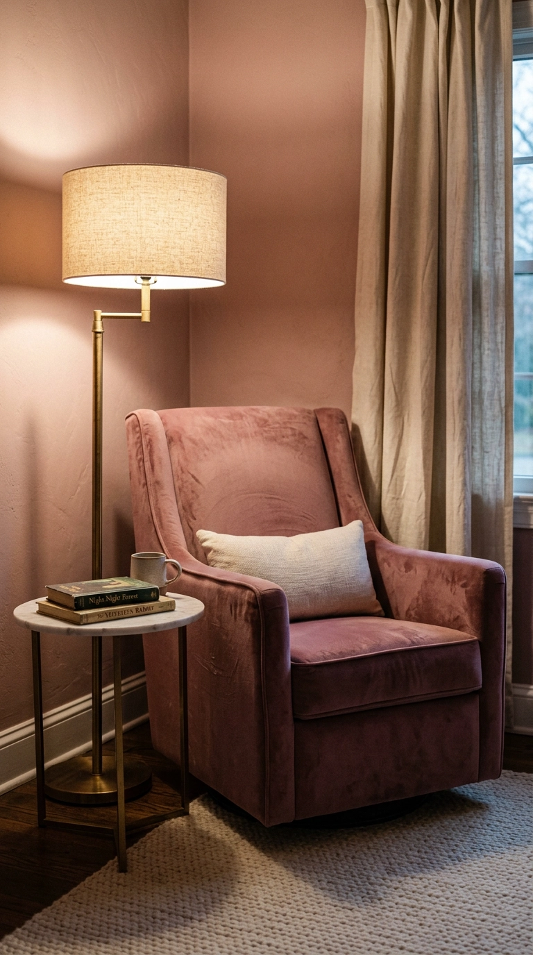 Mauve velvet glider with a brass floor lamp in the corner of a pink nursery