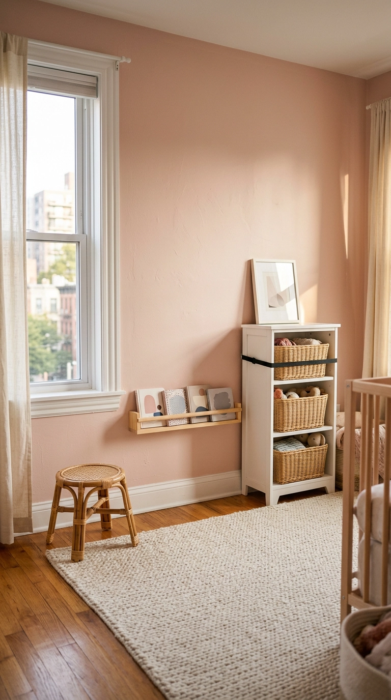 Low front-facing book ledge at toddler height on a blush pink nursery wall