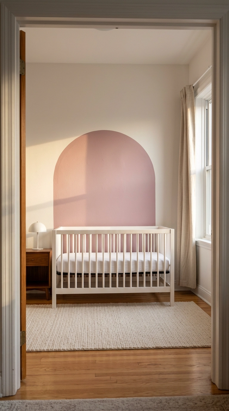 Painted mauve pink arch on the wall behind a bare white spindle crib in a nursery