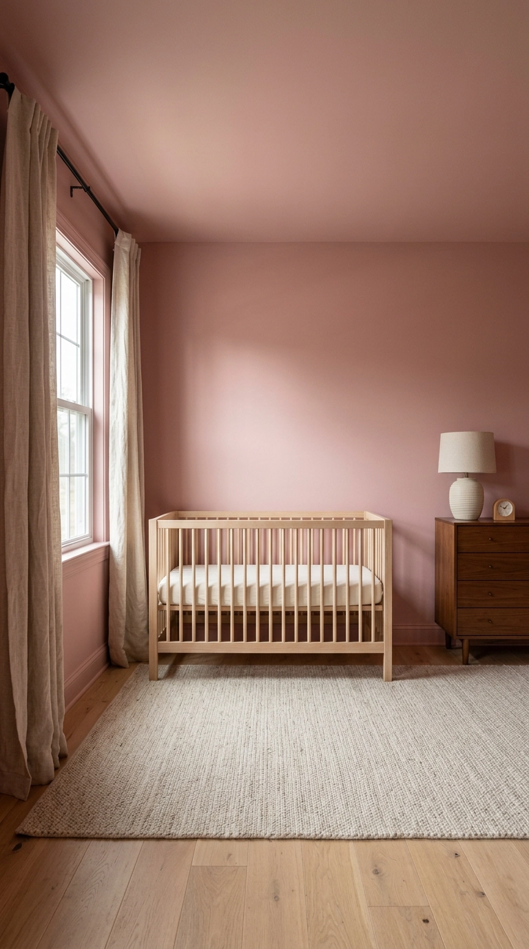 Dusty rose color-drenched pink nursery with a bare white oak crib and oatmeal rug