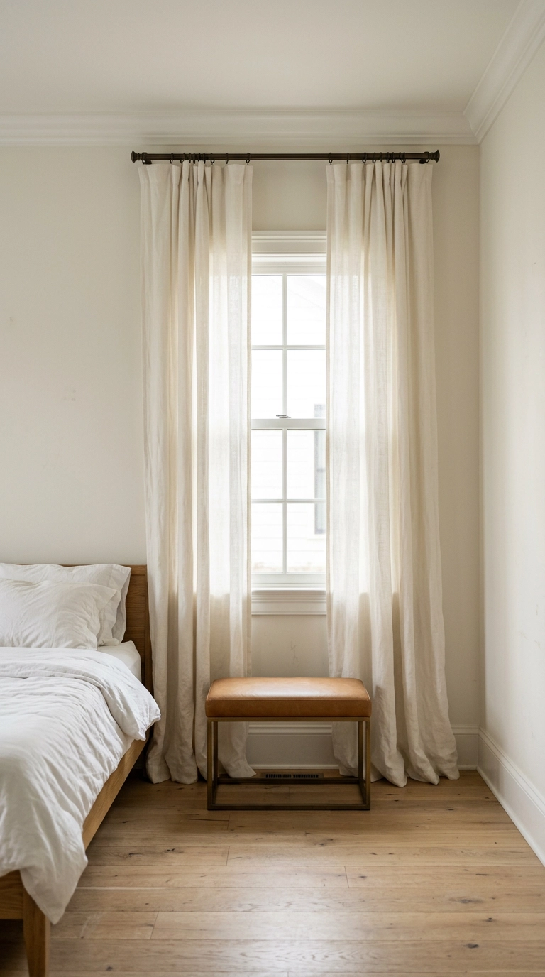 Floor-length ivory linen curtains mounted high near the ceiling in a soft white bedroom
