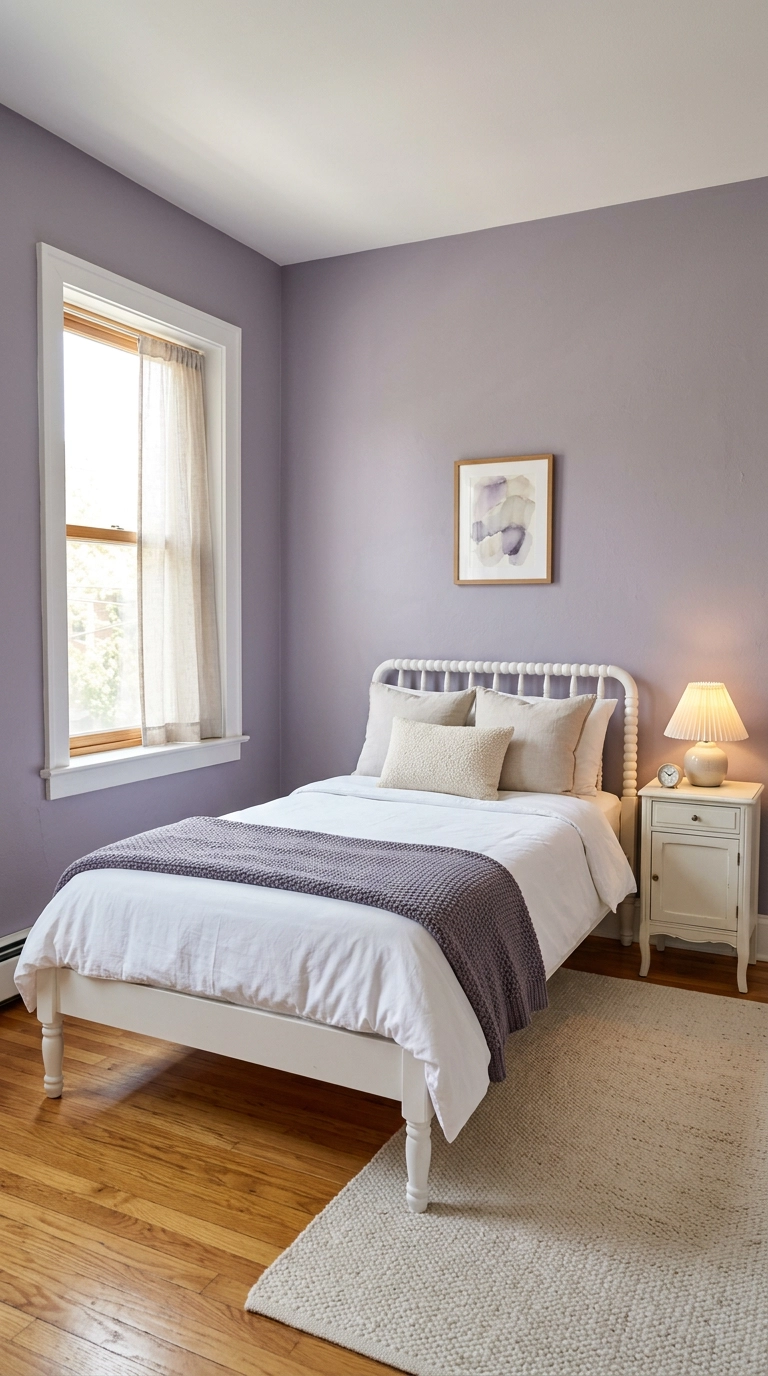 Muted lilac bedroom with white spindle bed and violet grey knit throw