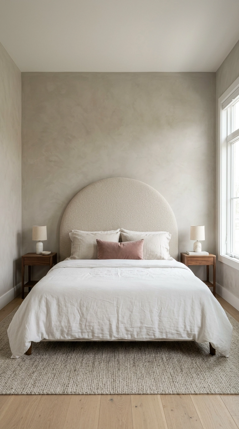 Tall arched boucle upholstered headboard against warm limewash plaster walls