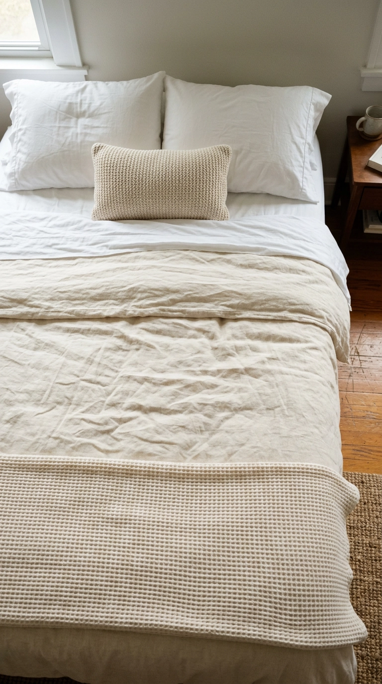 Layered white, cream, and ivory bedding showing three distinct fabric textures