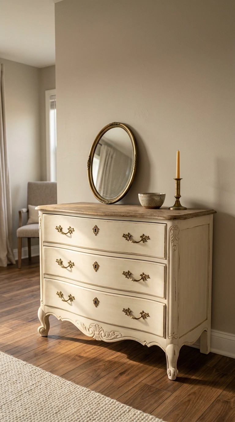 Antique French provincial carved dresser in chalky cream with a leaning brass mirror
