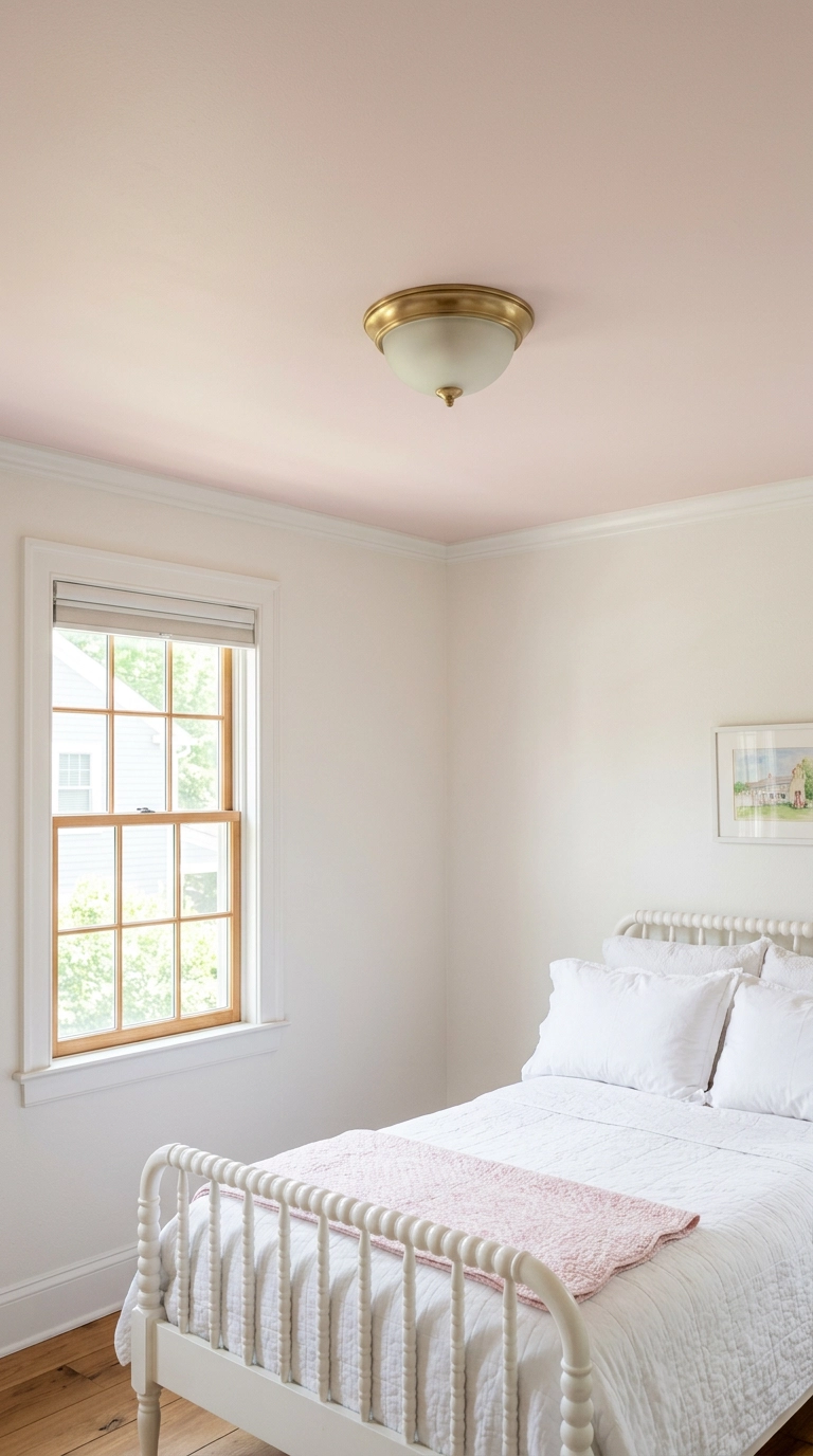 Bedroom ceiling painted the palest blush pink above warm white walls and a white spindle bed