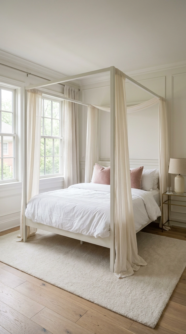 Soft ivory canopy bed with flowing sheer drapes and blush velvet pillows in an elegant white bedroom