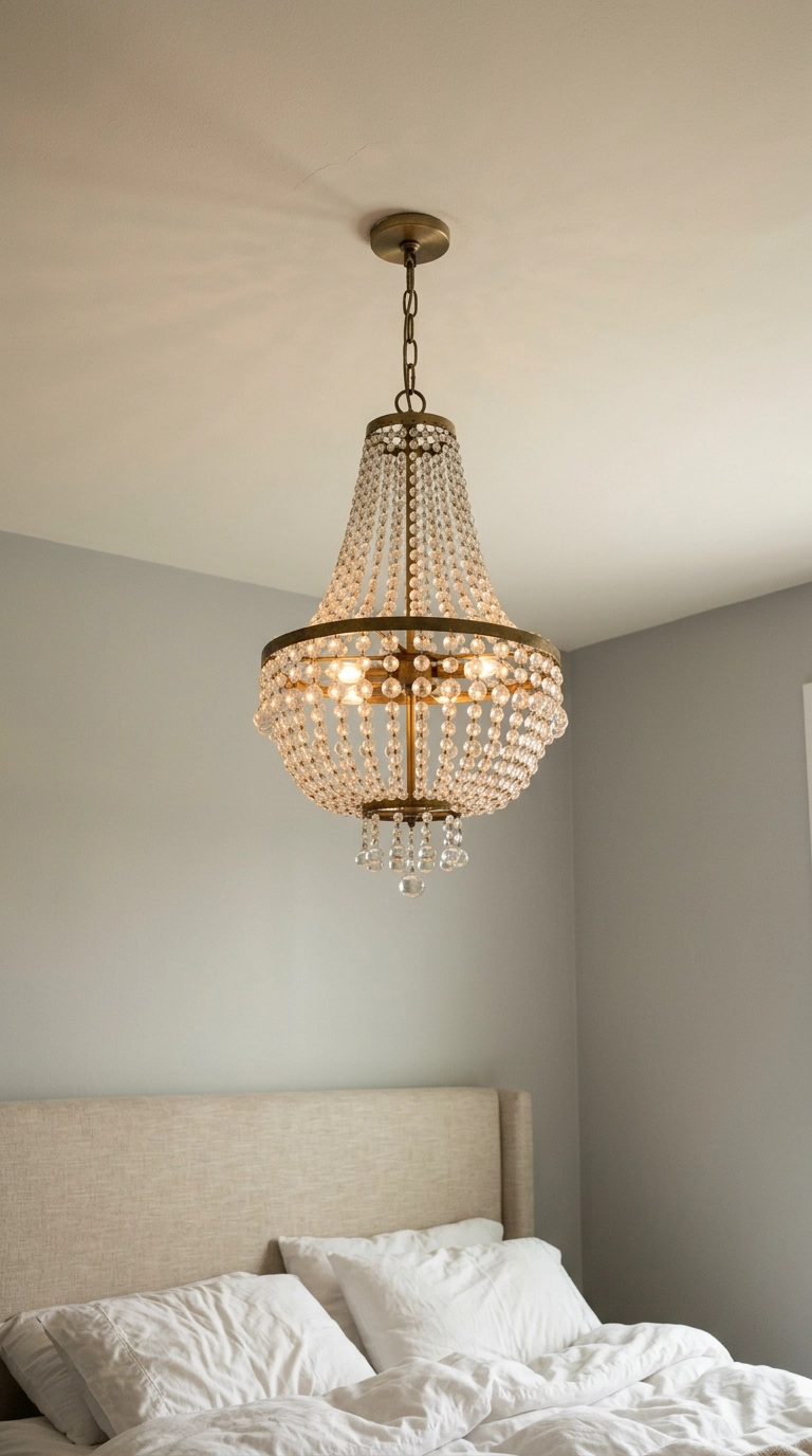 Beaded glass chandelier hung low over a bed in a soft grey and white bedroom
