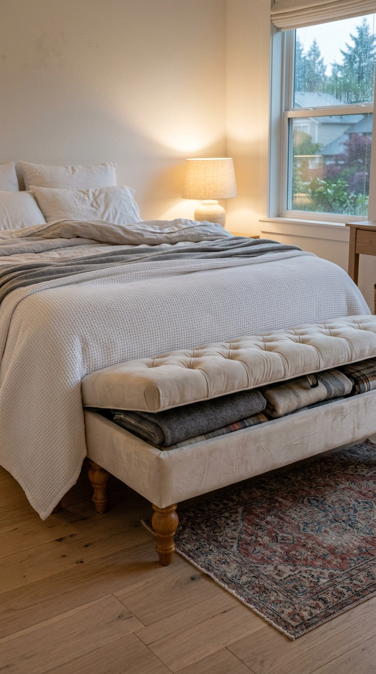 Ivory tufted storage bench with the lid ajar at the foot of a bed