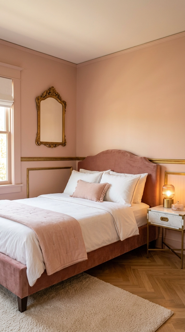 Blush pink bedroom with antique gold accents, velvet bed frame, and carved gold mirror