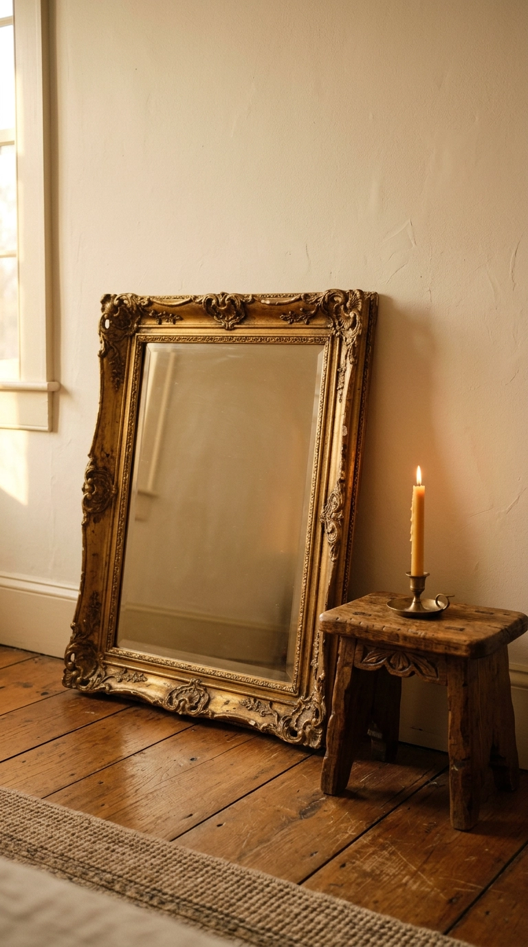 Ornate antique gilt mirror with worn gilding leaning against an ivory bedroom wall
