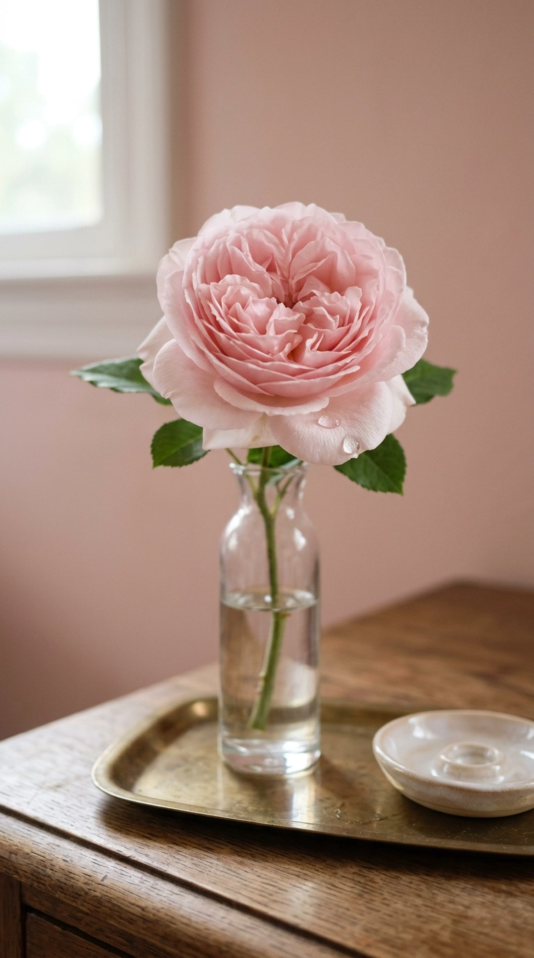 Single pale pink garden rose in a slim glass bud vase on a dresser