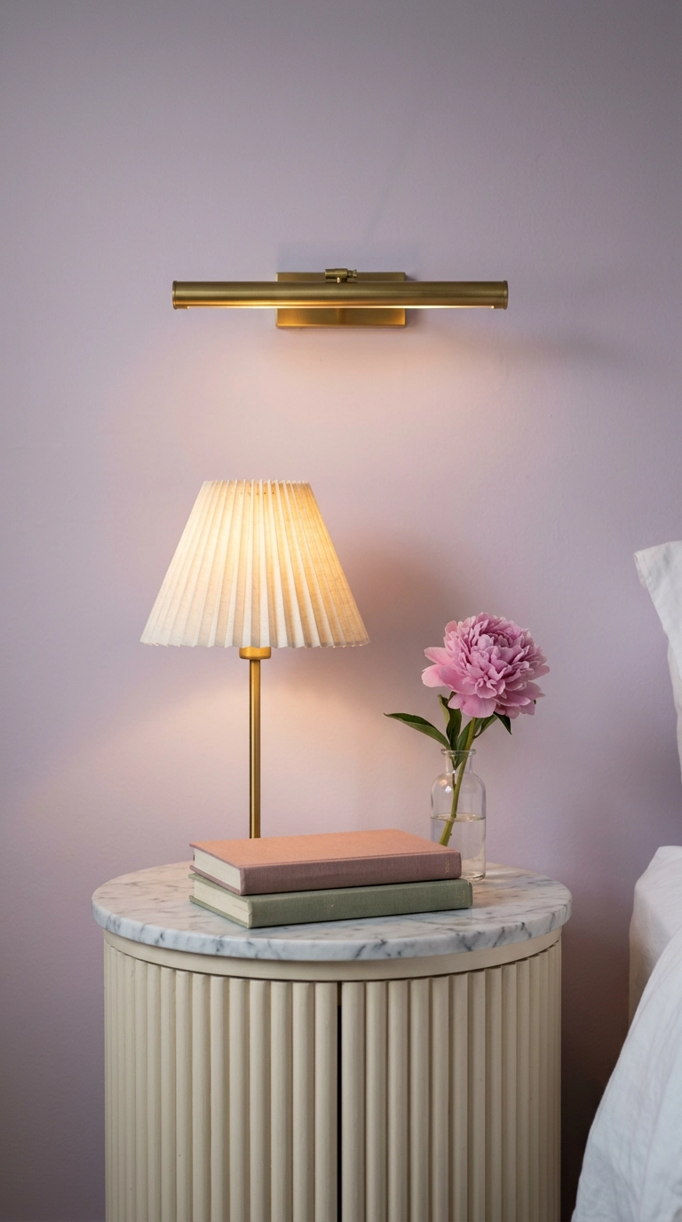 Round fluted cream nightstand with marble top, brass lamp, and small bud vase