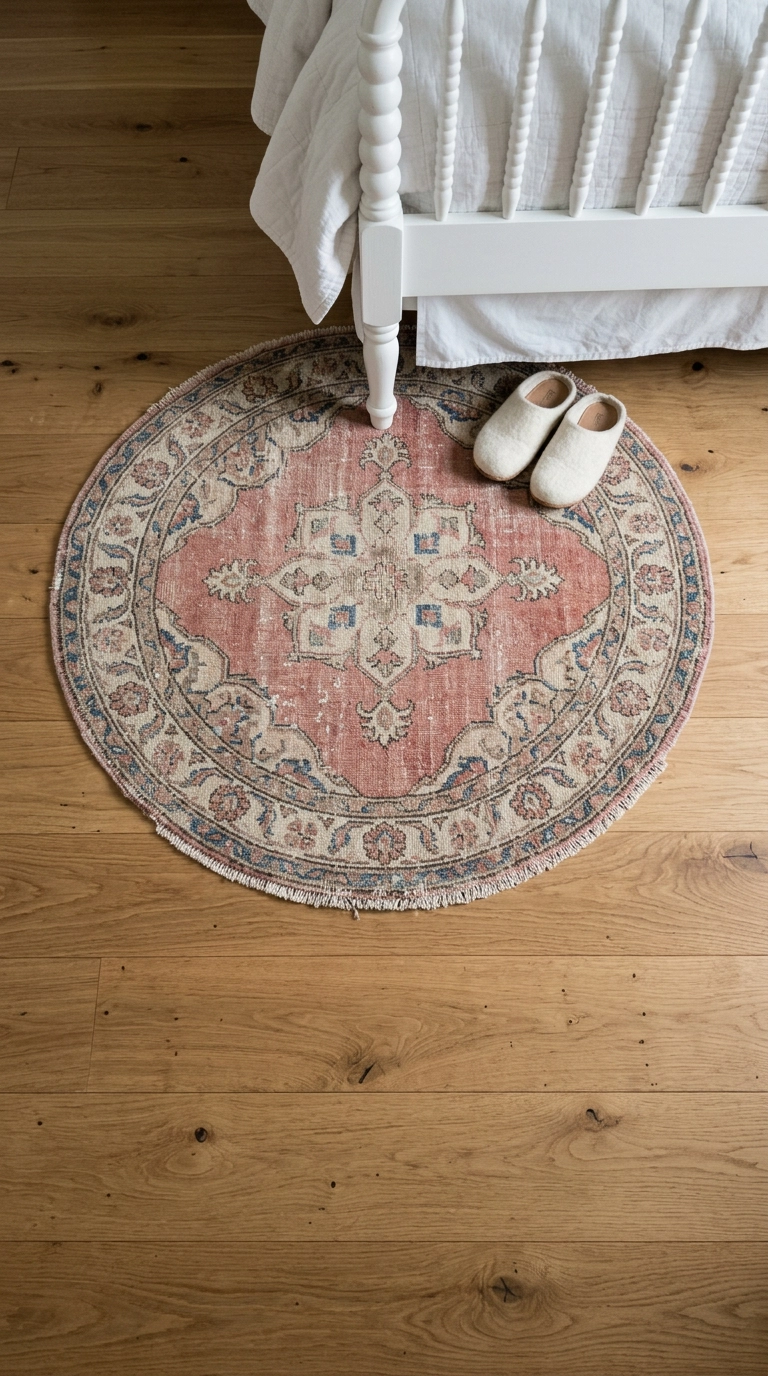 Small round faded rose wool rug on white oak floorboards beside a white spindle bed