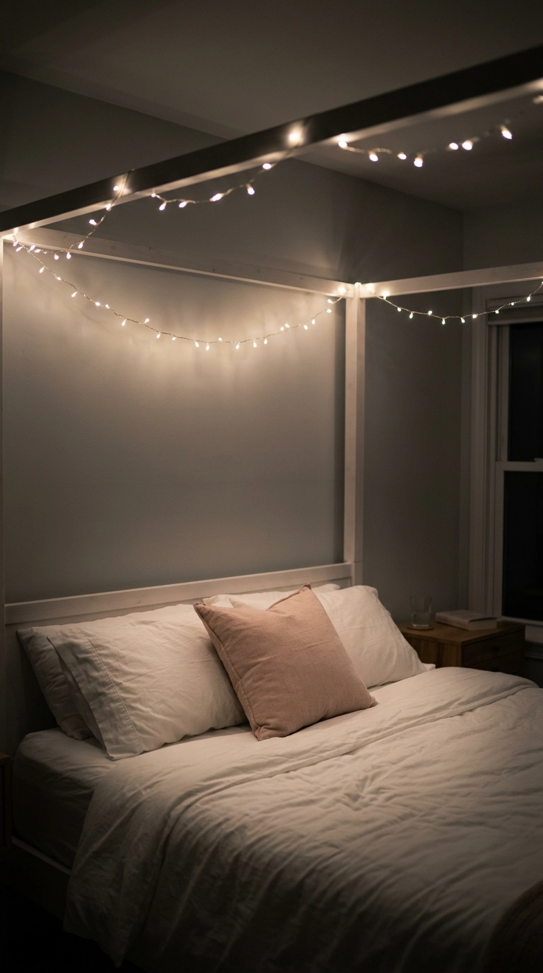 Warm white fairy string lights draped along a white canopy bed frame at night
