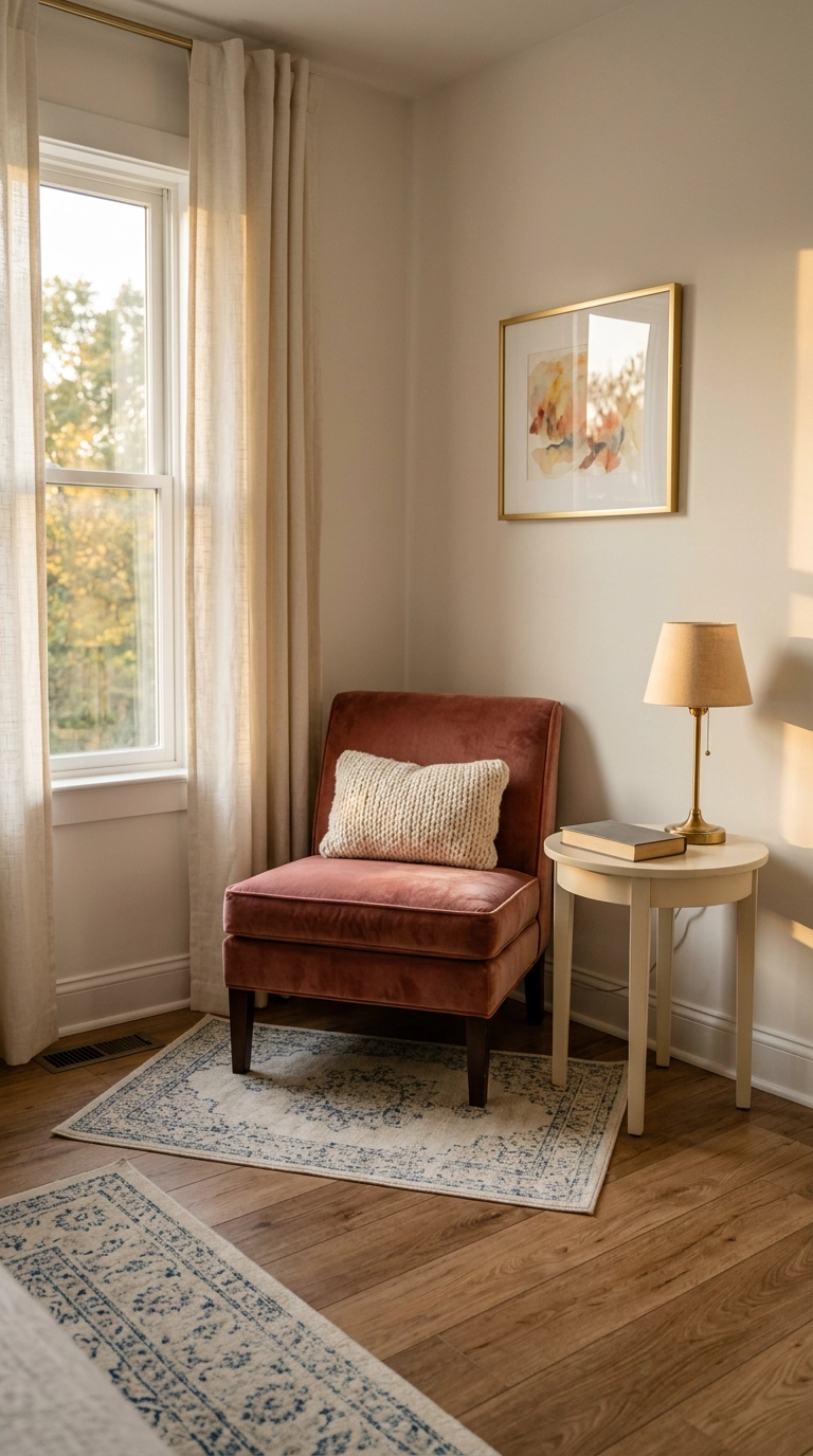 Corner reading nook with dusty rose slipper chair, brass lamp, and gold-framed art