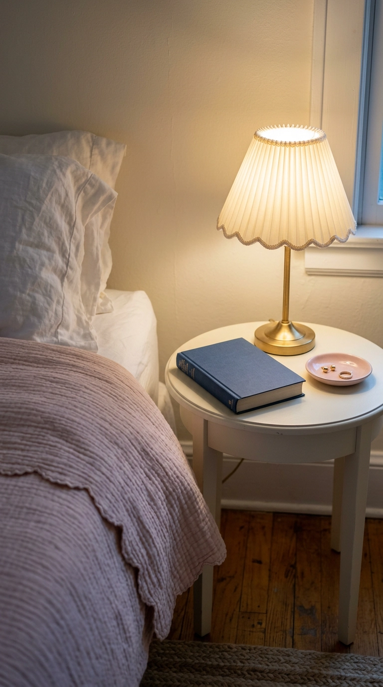 Scalloped cream lampshade on a brass lamp beside bedding with a scalloped hem