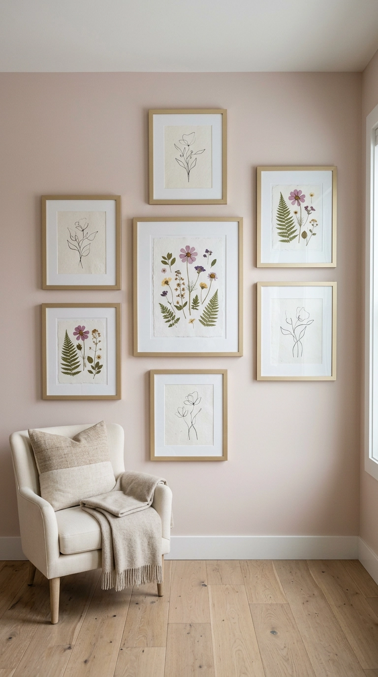 Gallery wall of matching soft gold frames with botanical art on a blush wall