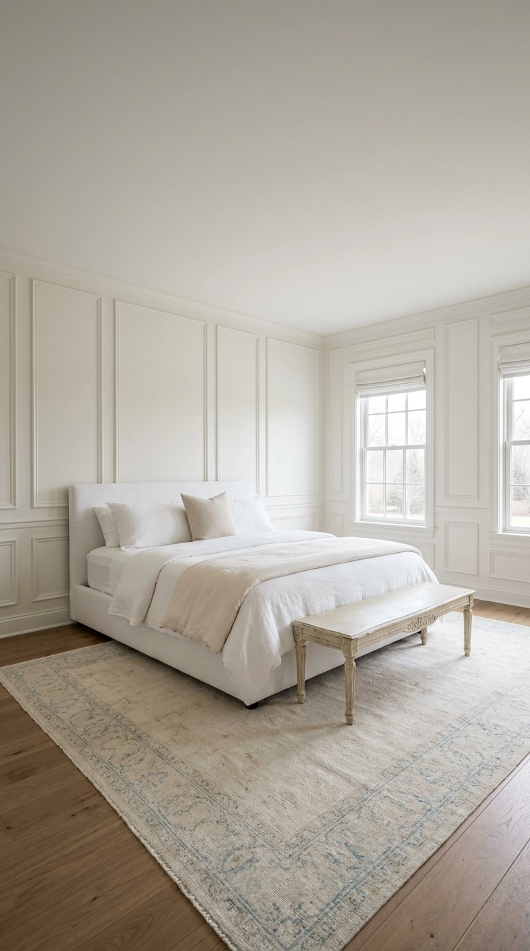 Soft white bedroom with tonal picture frame wall molding panels and a carved bench