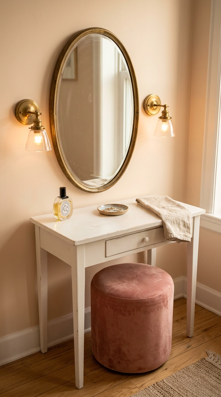 Small white vanity with oval brass mirror, blush velvet stool, and brass sconces