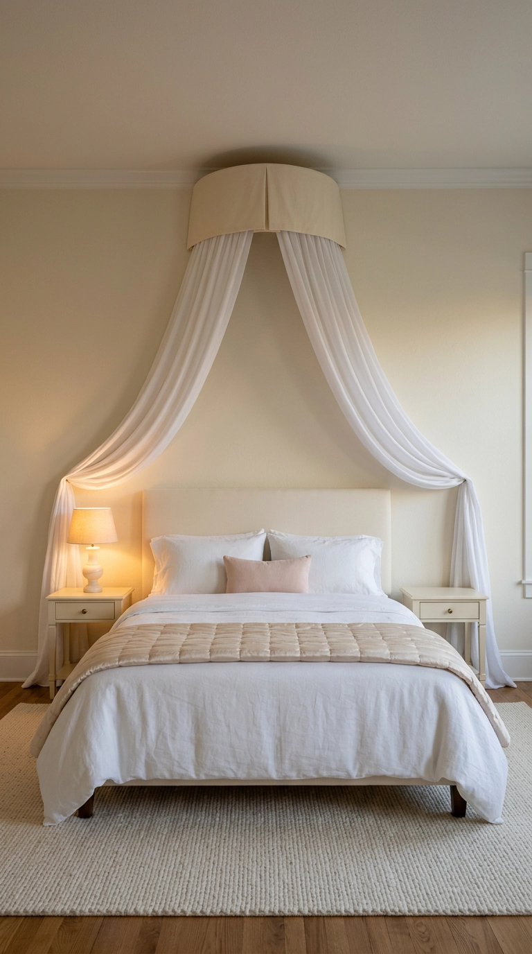 Wall-mounted corona canopy with sheer white voile panels framing an upholstered headboard