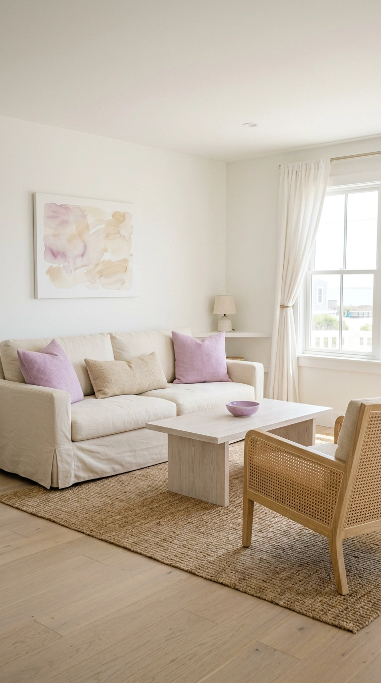 Soft orchid purple pillows and ceramics in a bright white coastal living room