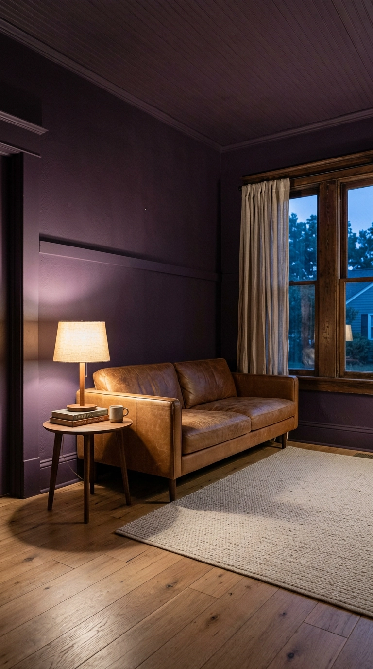 Living room with aubergine purple color-drenched walls, trim, and ceiling with a camel leather sofa