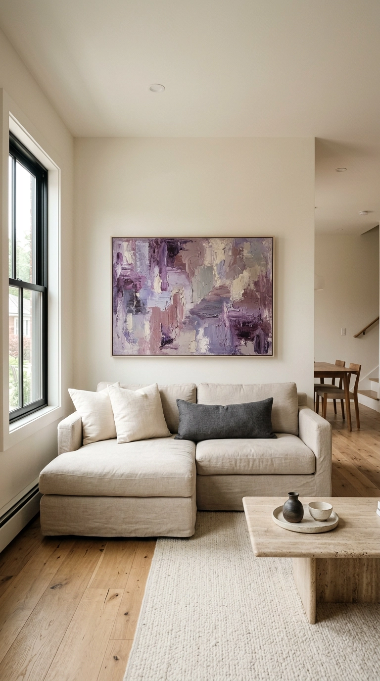 Large violet and plum abstract canvas hung above an oatmeal linen sectional sofa