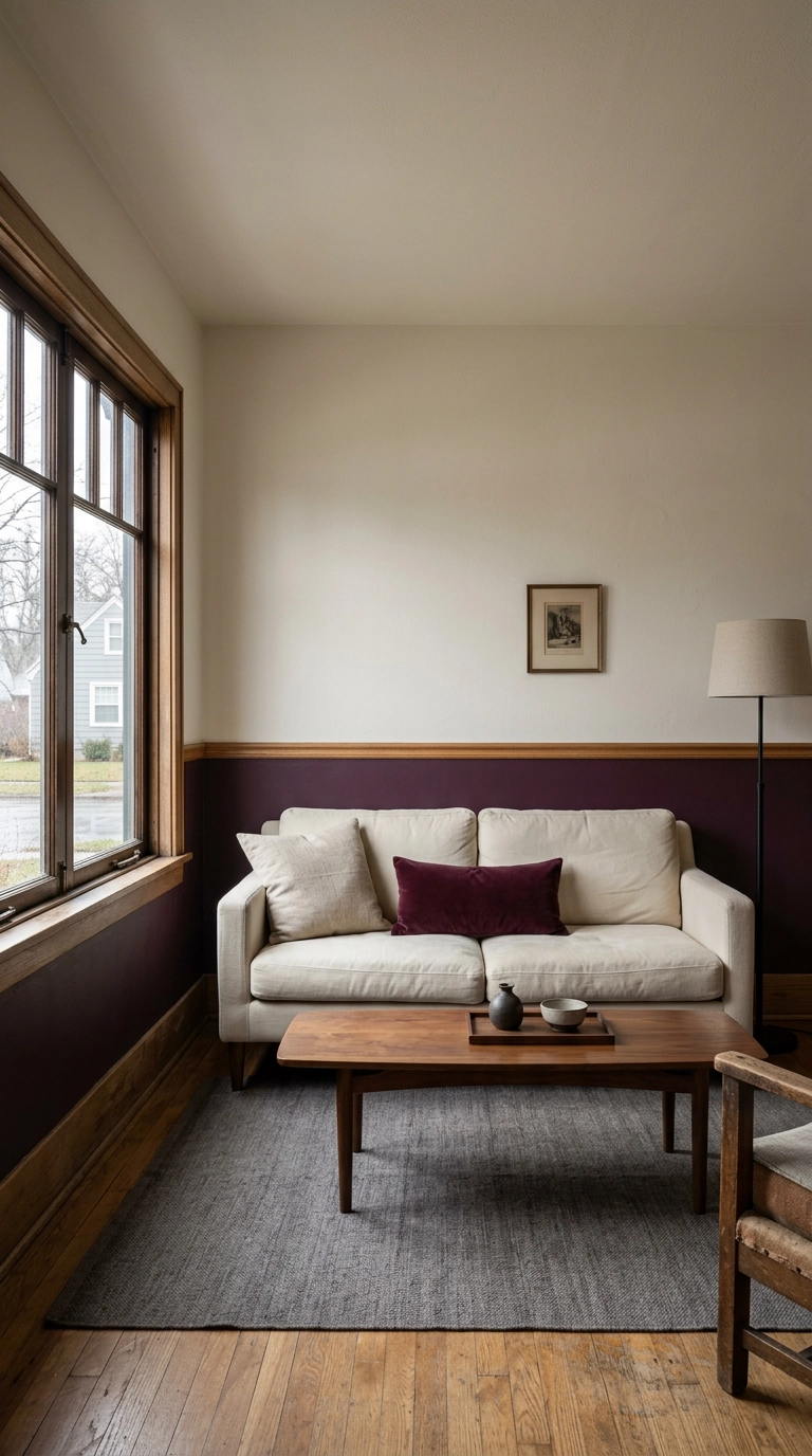 Living room wall painted wine purple below a chair rail with bone-white paint above