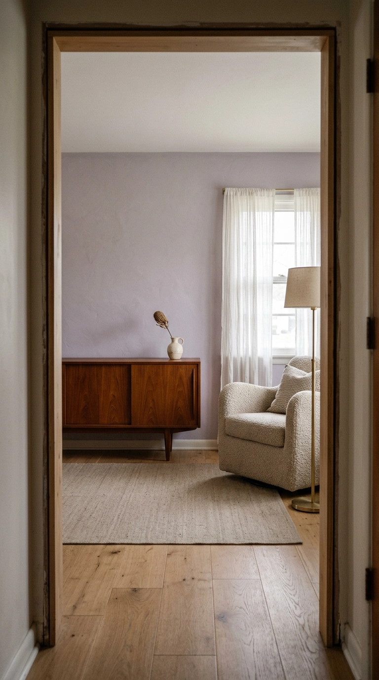 Pale lilac living room walls paired with a warm teak mid-century credenza and boucle chair