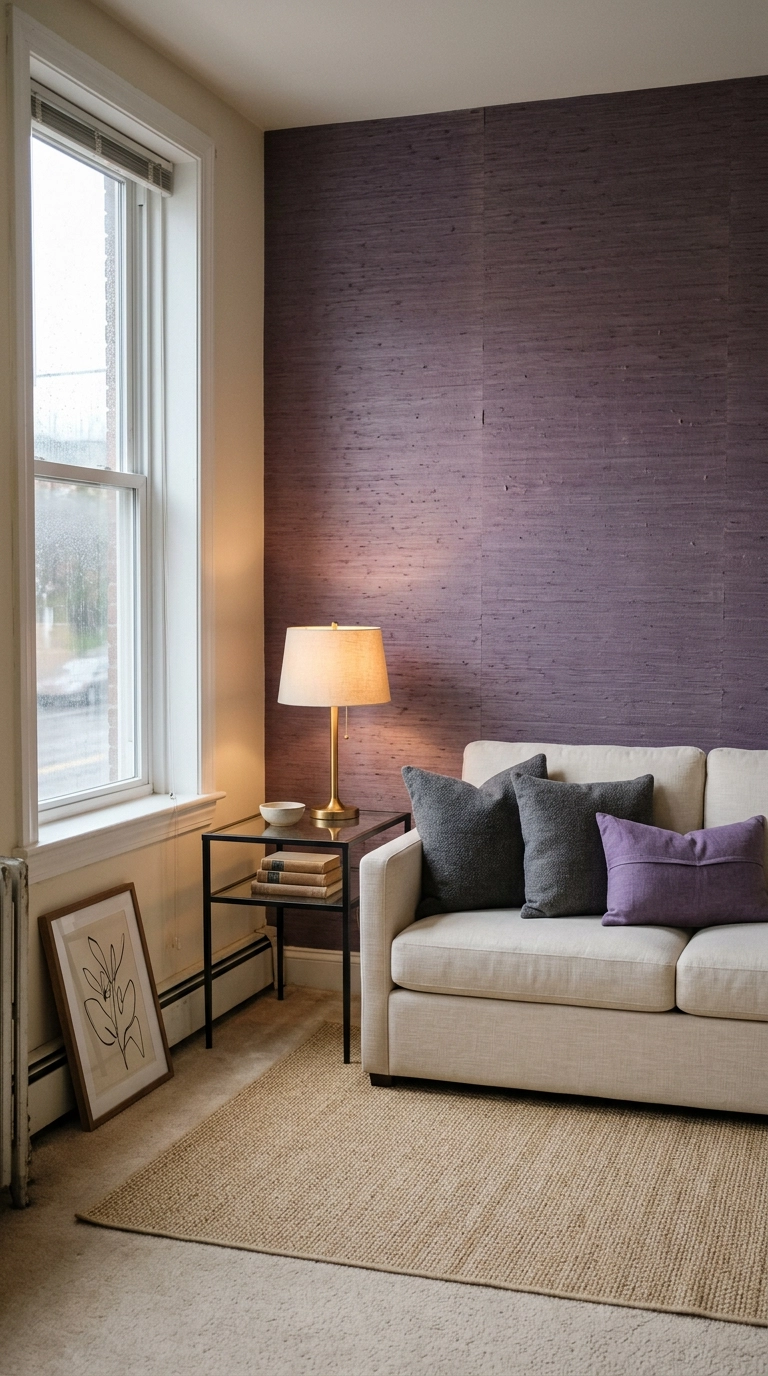 Muted violet grasscloth peel-and-stick wallpaper accent wall behind a cream linen loveseat