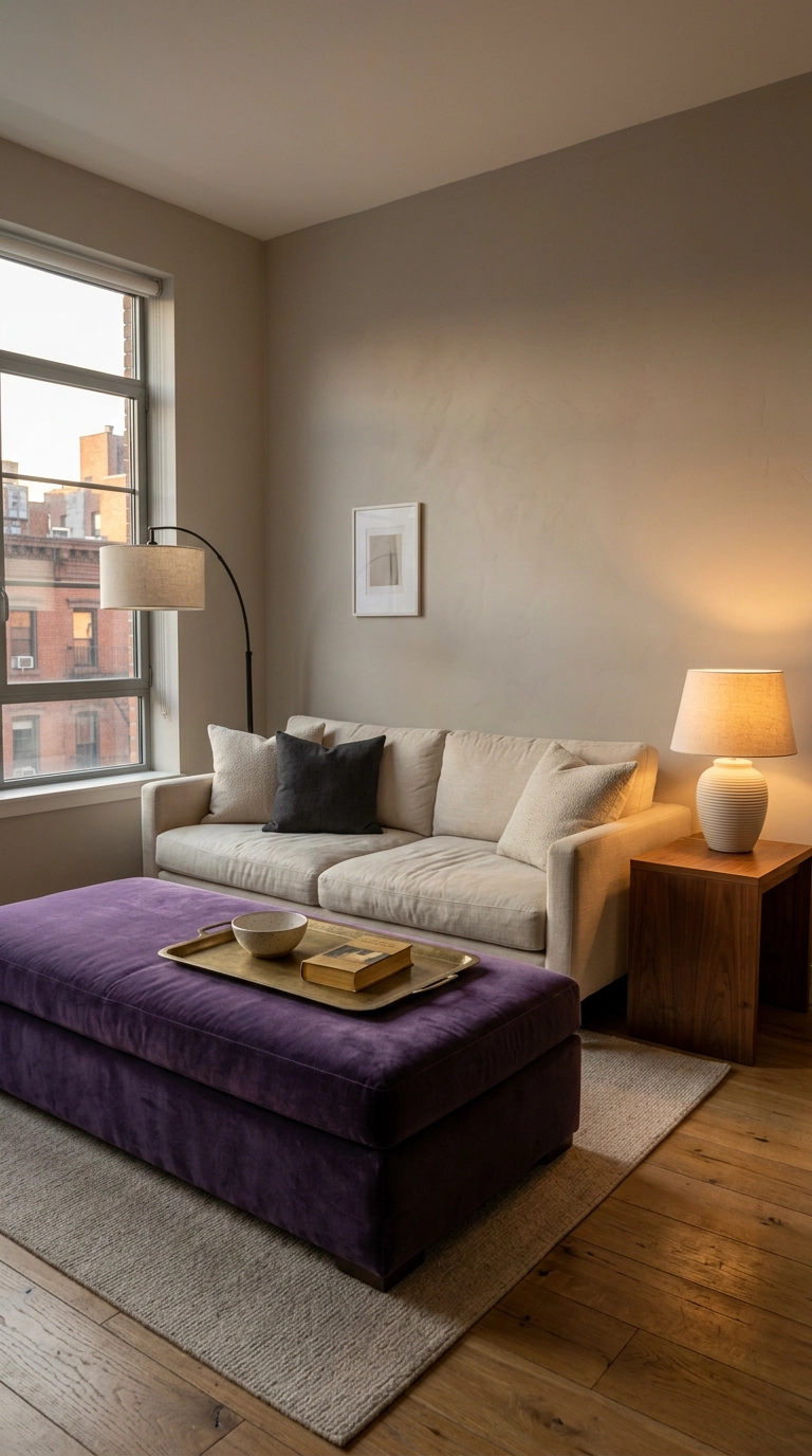 Deep violet velvet ottoman used as a coffee table with a brass tray in a small living room