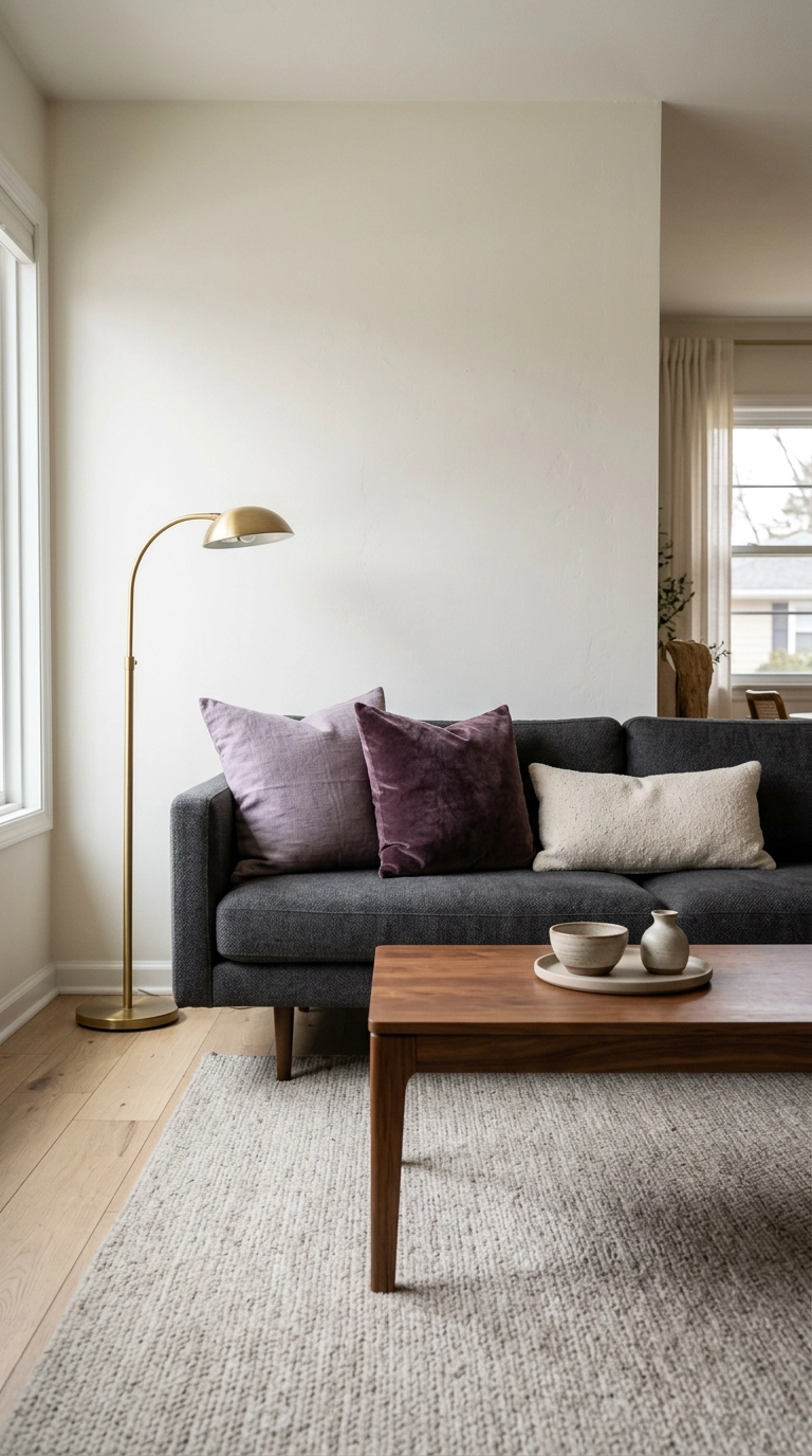 Dusty lavender and plum pillows styled on a charcoal grey living room sofa