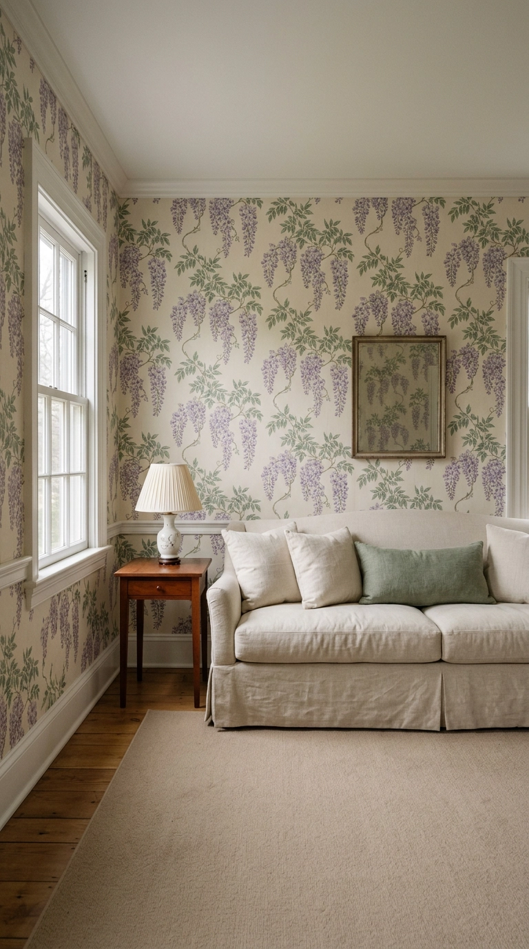 Soft purple wisteria floral wallpaper in a traditional living room with a cream skirted sofa