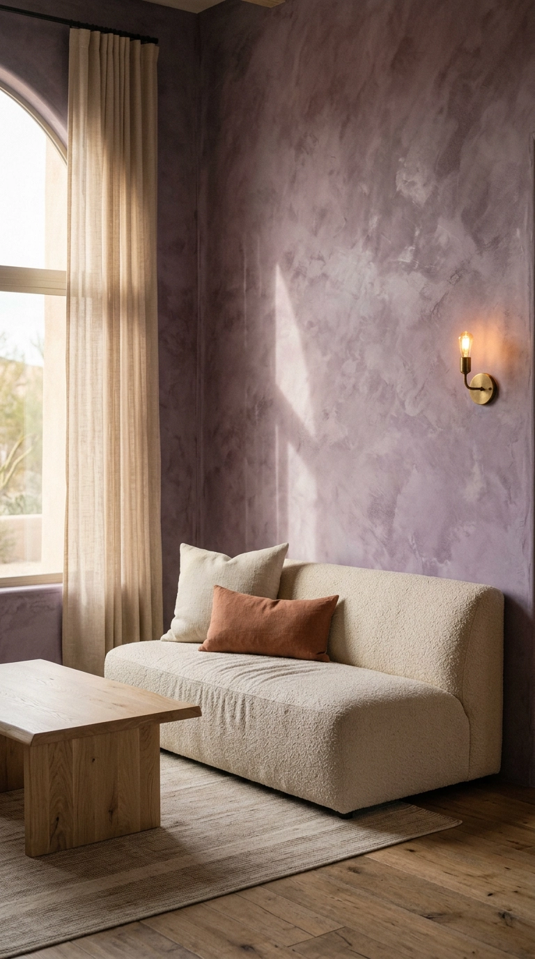 Heather purple limewash plaster living room walls with a cream boucle sofa