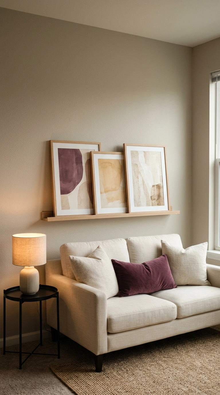 White oak art ledge with leaning plum and ochre abstract prints above a cream loveseat