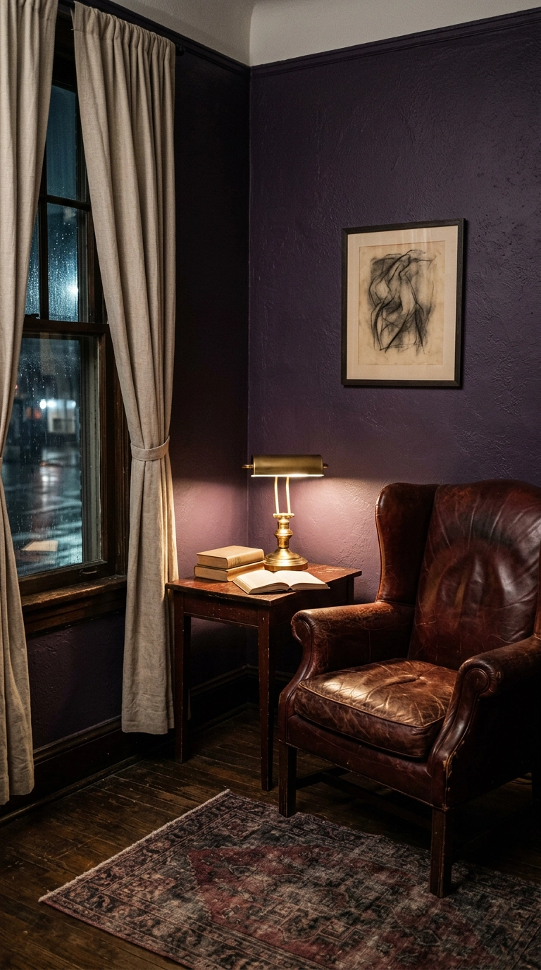 Dark academia reading corner with eggplant purple walls and an oxblood leather wingback chair