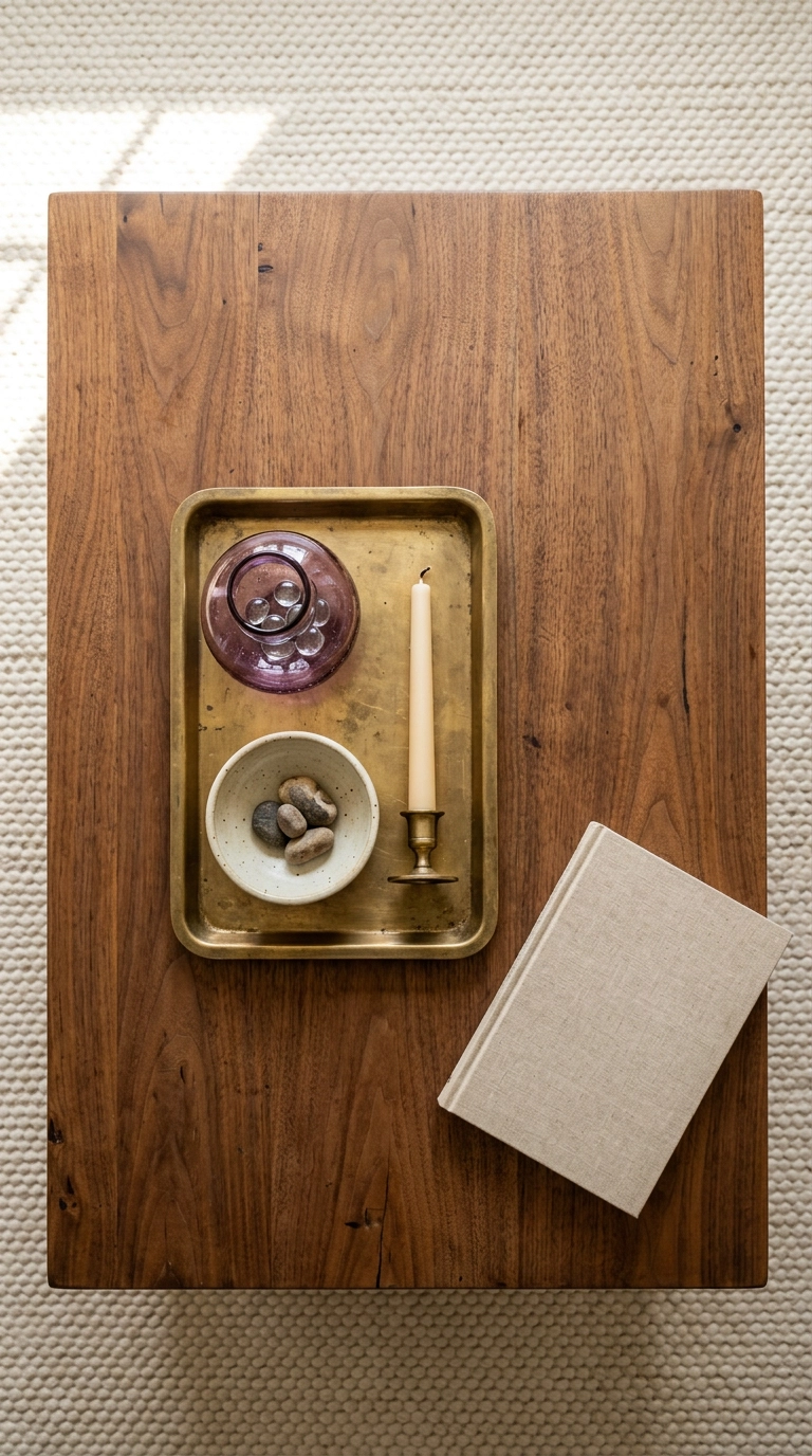 Amethyst glass vessel and brass tray styled on a walnut living room coffee table