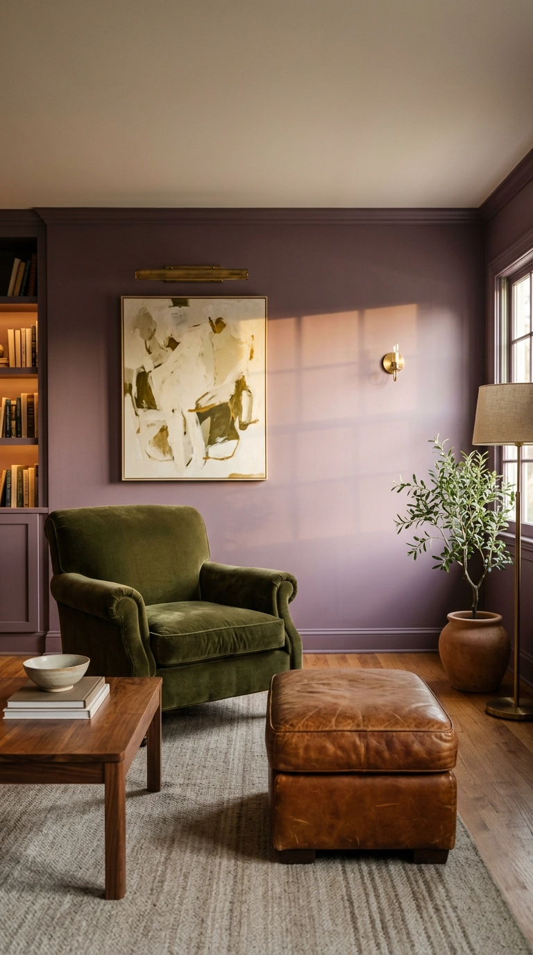 Dusty purple living room walls with an olive green velvet armchair and walnut coffee table