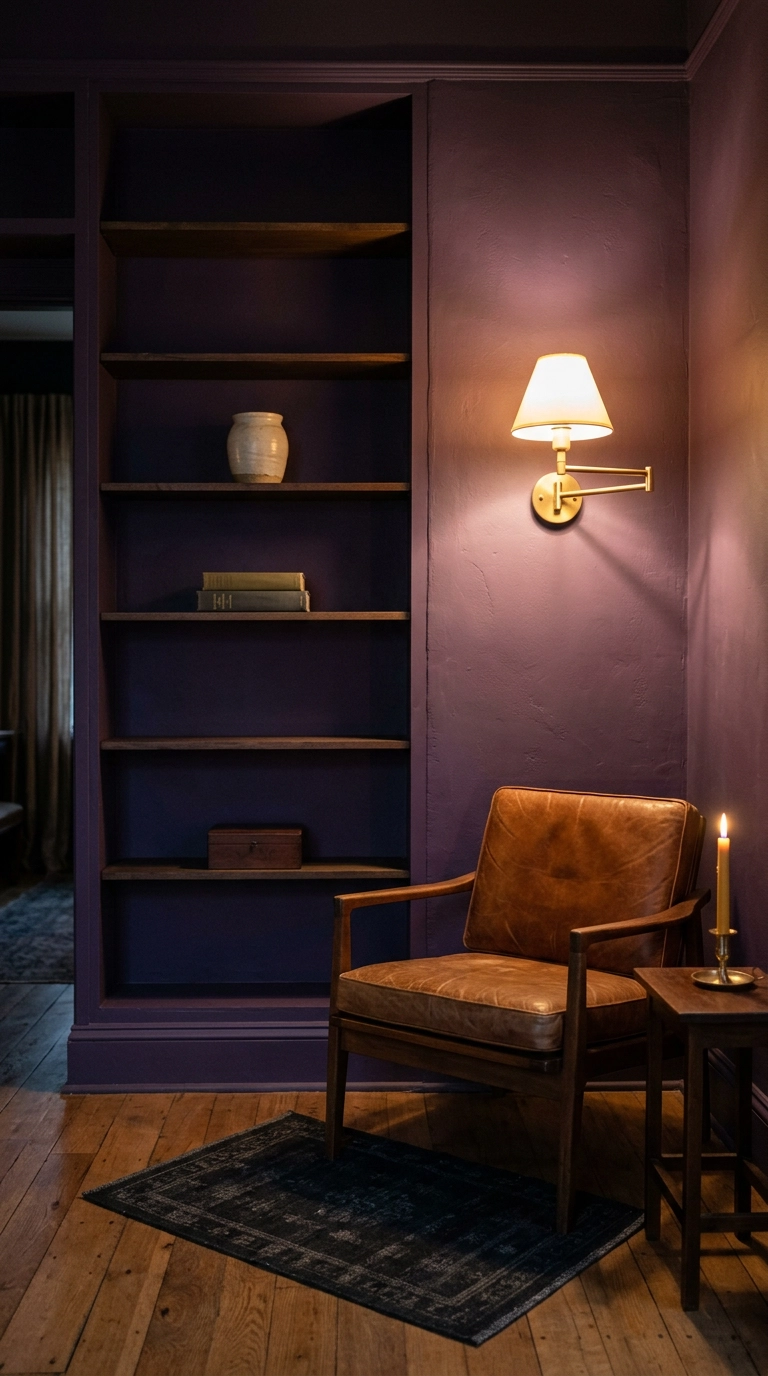 Deep grape purple built-in bookshelves painted to match the surrounding living room wall
