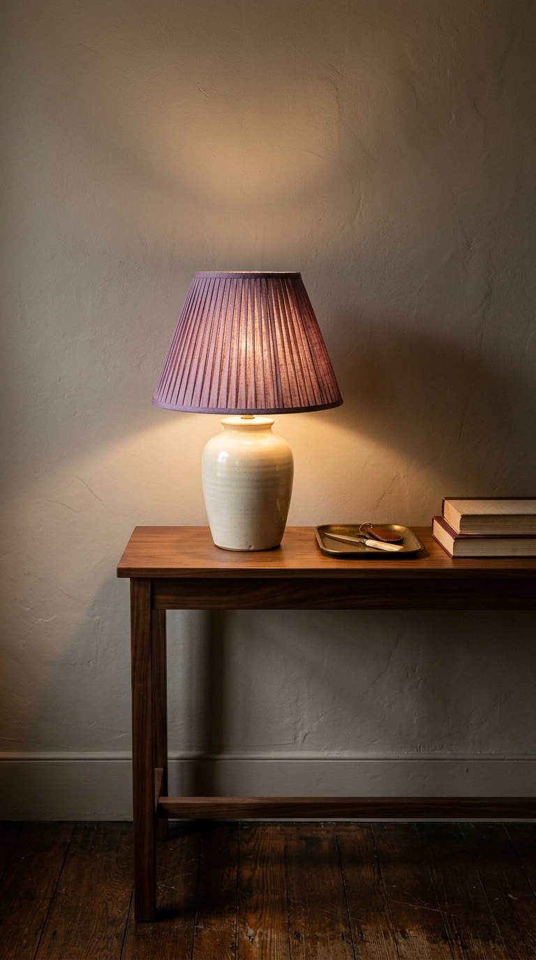 Pleated grape purple lampshade on a cream ceramic lamp base on a walnut console