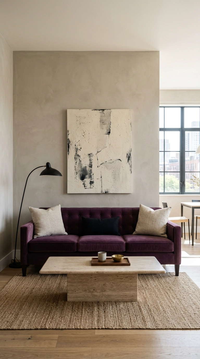Plum purple velvet sofa in a neutral greige living room with travertine coffee table