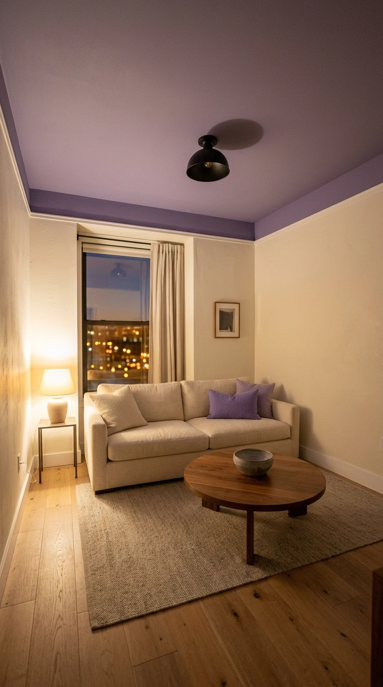 Small living room with a dusty violet painted ceiling above creamy off-white walls