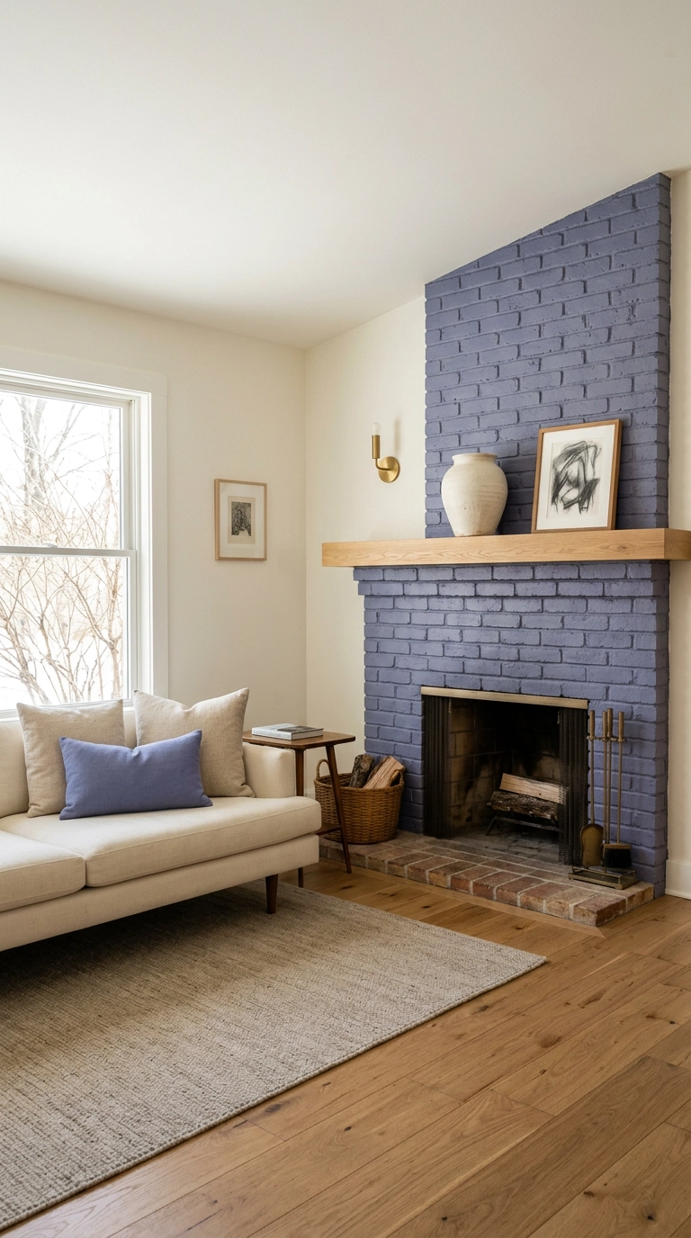 Brick living room fireplace painted muted periwinkle purple with a white oak mantel