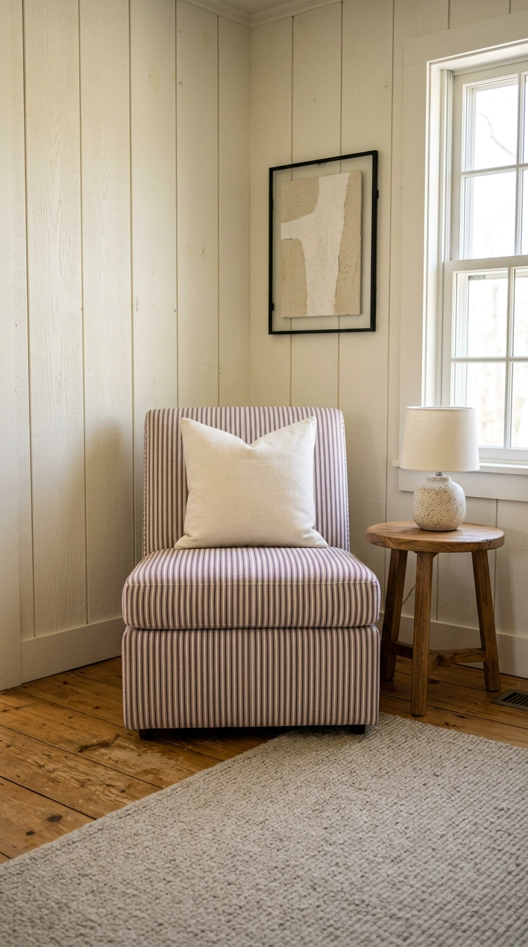 Purple and cream ticking stripe accent chair in a neutral farmhouse living room